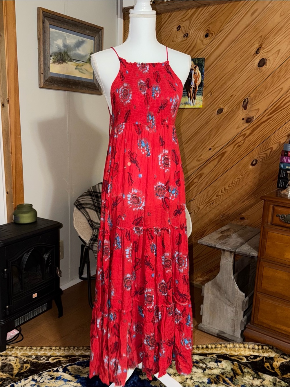 Free People Rayon Red Floral Maxi Sundress with Spaghetti Straps